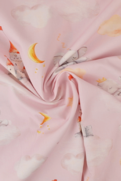 Katoen - Dreamy elephant and Castles on Pink