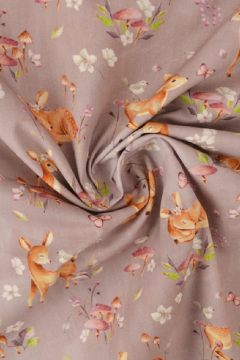 Katoen - Baby Deer in Nature on Taupe/Grey