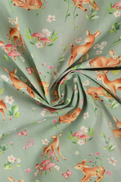 Katoen - Baby Deer in Nature on Vintage Green