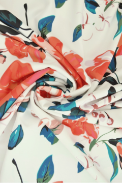 Lycra - Orange and Coral Spring Flowers on White