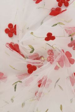 Mesh - Red Embroidery Floral on White - 12