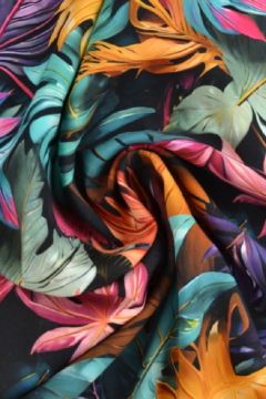 Viscose - Digital Multicolor Leaves on Black