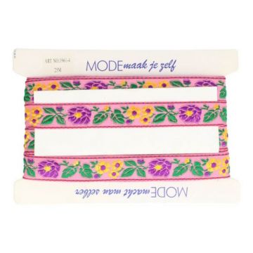 Sierband Purple/Yellow Flowers on Pink - 32 mm