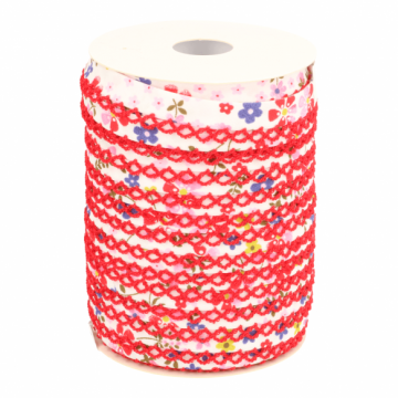 Biaisband - Bloemen met kant -2720 Roze/Rood