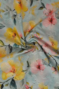 Broderie Katoen Print - Pink/Yellow Summerflowers on Soft Blue