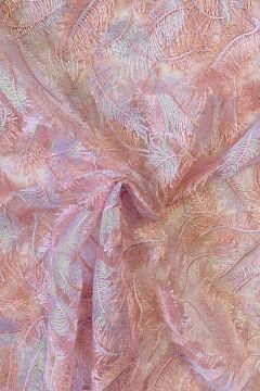 Mesh - Embroidery Feathers - Salmon Pink/White