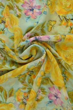 Chiffon - Yellow Roses on Mint 