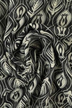 Chiffon - Off White Graphic Flowers on Black 