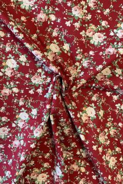 Katoen - Pink Roses on Warm Red