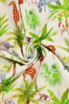 Katoen - Wild Animals and Palm Trees on White