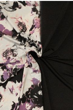 Lycra Tricot - Purple and Black Flowers on White