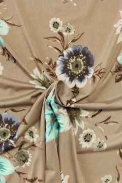 Lycra Tricot - Blue/Turqouise/White Flowers on Taupe 