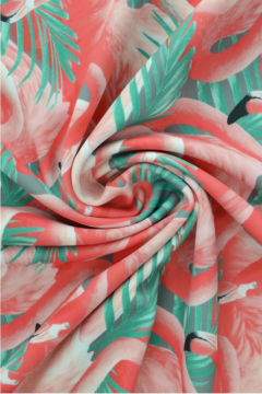 Lycra - Coral Flamingos and Green Leaves