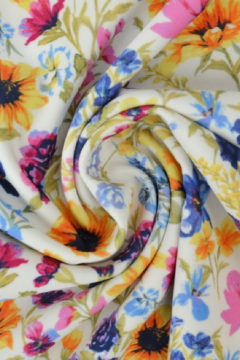 Lycra - Yellow/Pink/Blue Flowers on White