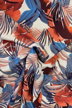 Lycra - Watercolor Leaves Blue and Red on White