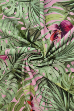 Lycra - Tropical Plants and Flowers on Pink