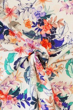 Lycra - Multicolored Flowers and Leaves on White