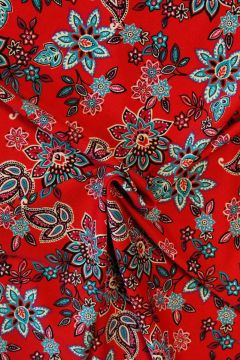 Lycra - Blue/Pink Paisley Flowers in Red