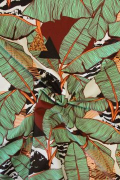 Lycra - Green Banana Leaves on White 
