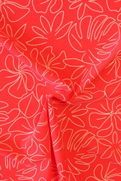Lycra - Drawn White Flowers on Bright Coral