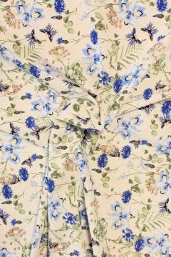 Lycra - Blue Spring Flowers and Butterflies on White