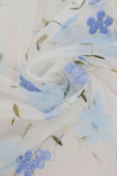 Mesh - Blue Embroidery Floral on White - 11