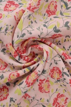 Viscose Fashion - red and yellow faded roses on pink