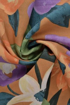 Viscose Fashion - big multicolor flowers on dark ochre