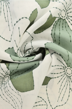 Viscose Fashion - Green/White Dotted Flowers on White