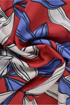 Viscose Fashion - Big Blue/White Tropic Leaves on Red