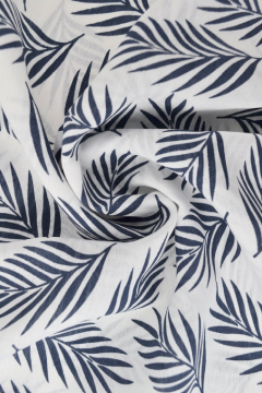 Viscose Fashion - Dark Blue Palm Leaves on White
