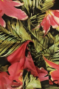 Viscose Tricot - Tropical Leaves and Flowers on Black