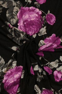 Viscose Tricot - Dark Pink Roses on black