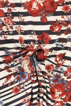 Viscose Tricot - Red Roses on Blue/White Stripes 