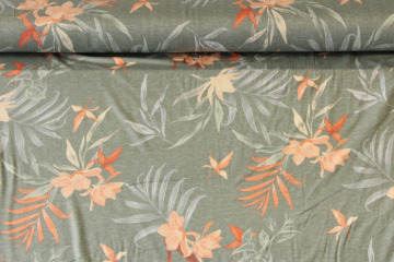 Viscose tricot - Tropical Pink Flowers on Mint/Grey