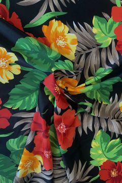 Lycra - Taupe Tropical Leaves and Red Flowers on Black
