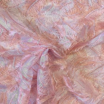 Mesh - Embroidery Feathers - Salmon Pink/White