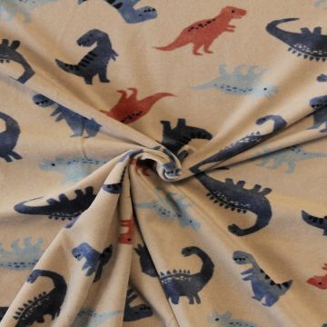 Fleece Print - Blue/Rusty Dinosaur on Light Taupe