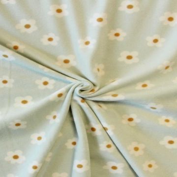 Fleece Print - White/Ocher Flowers on Soft Mint