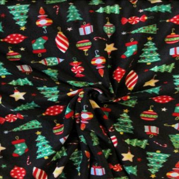 Fleece Print - Christmas Trees and Ornaments on Black