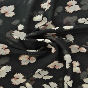 Chiffon - Salmon/White Leaves on Black