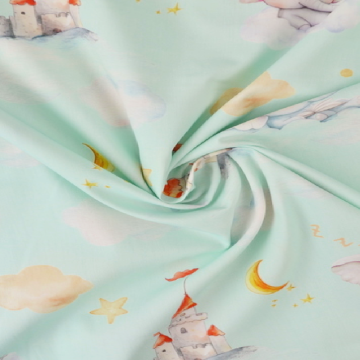 Katoen - Dreamy elephant and Castles on Soft Blue/green