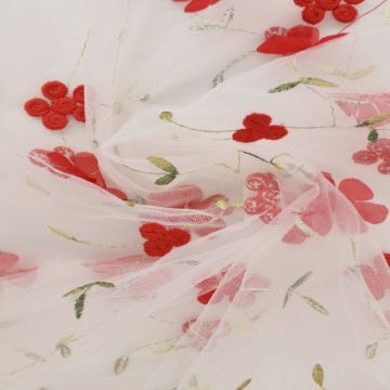 Mesh - Red Embroidery Floral on White - 12