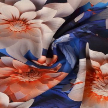 Viscose - Digital Salmon/Blue Paper Art Flowers on Dark Blue