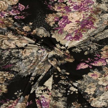 Viscose Tricot - Beige and Cassis Flowers on black