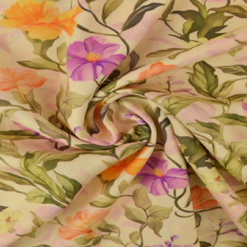 Viscose - Purple/Orange Flower Romance on Soft Yellow