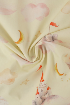 Katoen - Dreamy elephant and Castles on Soft Yellow