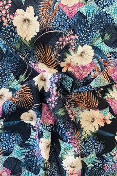 Lycra - Beige Flowers on Dark blue/ Aqua Tiles