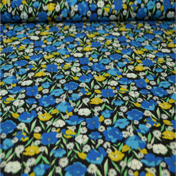 Katoen - Flowers in the Field - Blue on Black