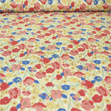 Katoen - Flowers in the Field - Coral on Vanilla